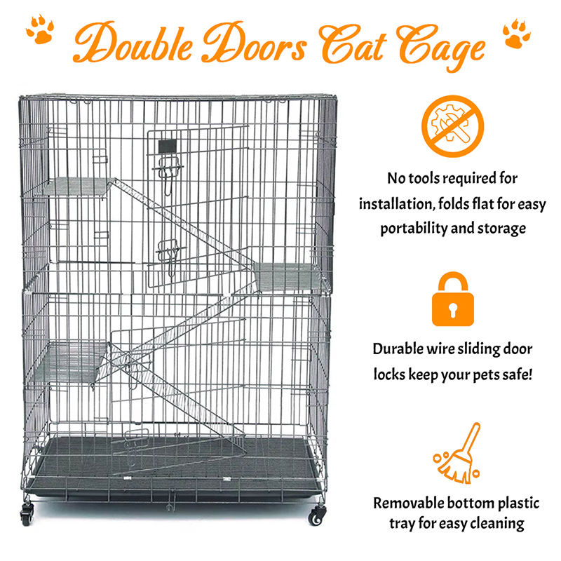 Gabbia di gatto in metallo a filo interno grande a 4 livelli con ruote Gabbia di gatto in metallo a filo interno grande a 4 livelli con ruote