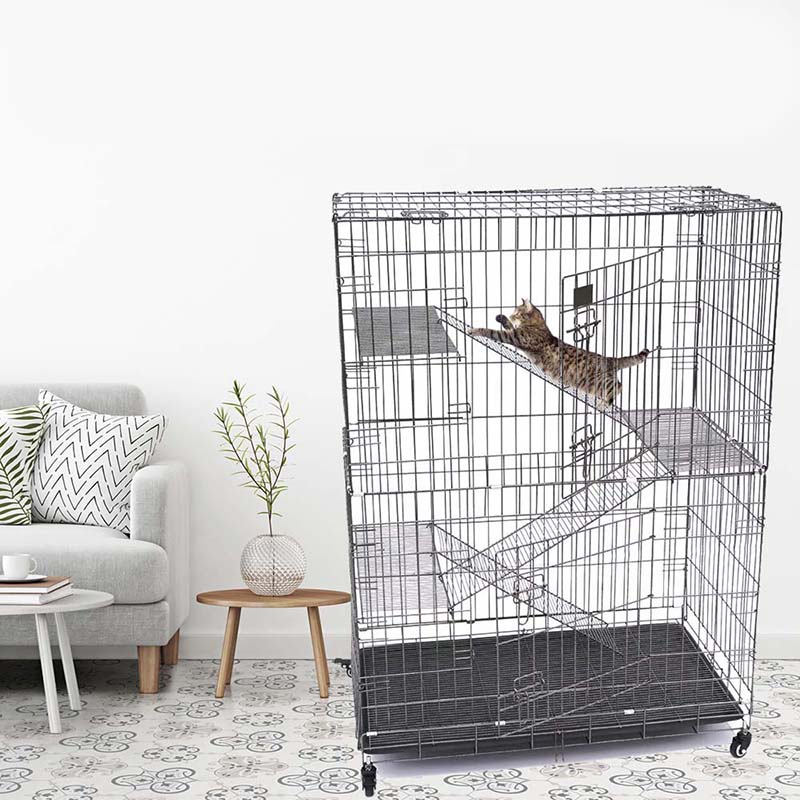 Gabbia di gatto in metallo a filo interno grande a 4 livelli con ruote Gabbia di gatto in metallo a filo interno grande a 4 livelli con ruote