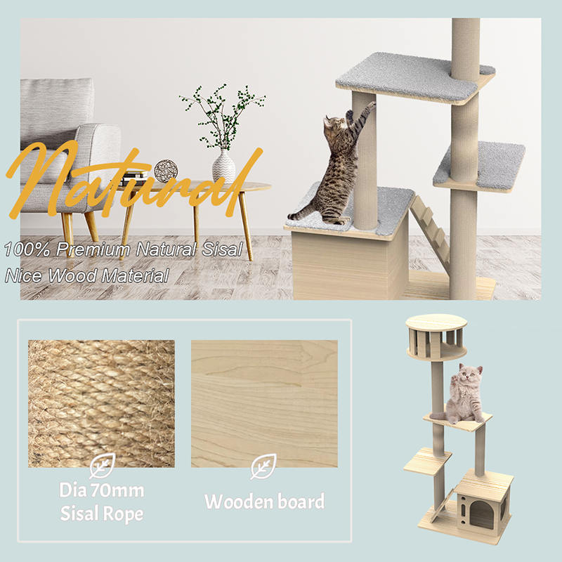 Torre in legno interno con paletti di graffi di sisal arrampicati su un gatto albero Torre in legno interno con paletti di graffi di sisal arrampicati su un gatto albero