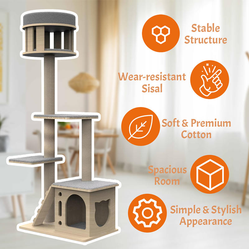 Torre in legno interno con paletti di graffi di sisal arrampicati su un gatto albero Torre in legno interno con paletti di graffi di sisal arrampicati su un gatto albero