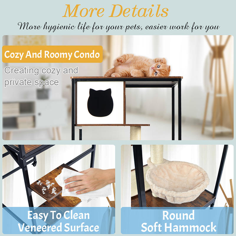 Condominio moderno di torre per interni in legno e gatto in metallo con amaca Condominio moderno di torre per interni in legno e gatto in metallo con amaca